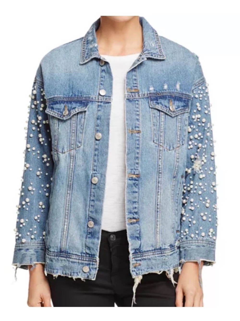 Pearl-Embellished Light Blue Denim Jacket - Women by Sunset and Spring